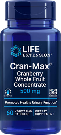 Thumbnail for Life Extension Cran-Max®, 500 mg, cranberry whole fruit concentrate, promotes urinary tract health with powerful antioxidants, gluten-free, vegetarian, non-GMO, 60 capsules
