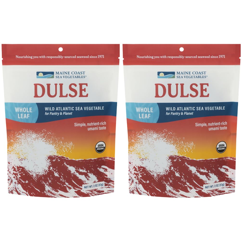 Maine Coast Sea Vegetables Organic Dulse Whole Leaf Bag, Nutritious Food & Seaweed Snacks, Rich in Iodine, North Atlantic Harvest, Great for Salads, Soup, Smoothies, 2 oz, 2-Pack