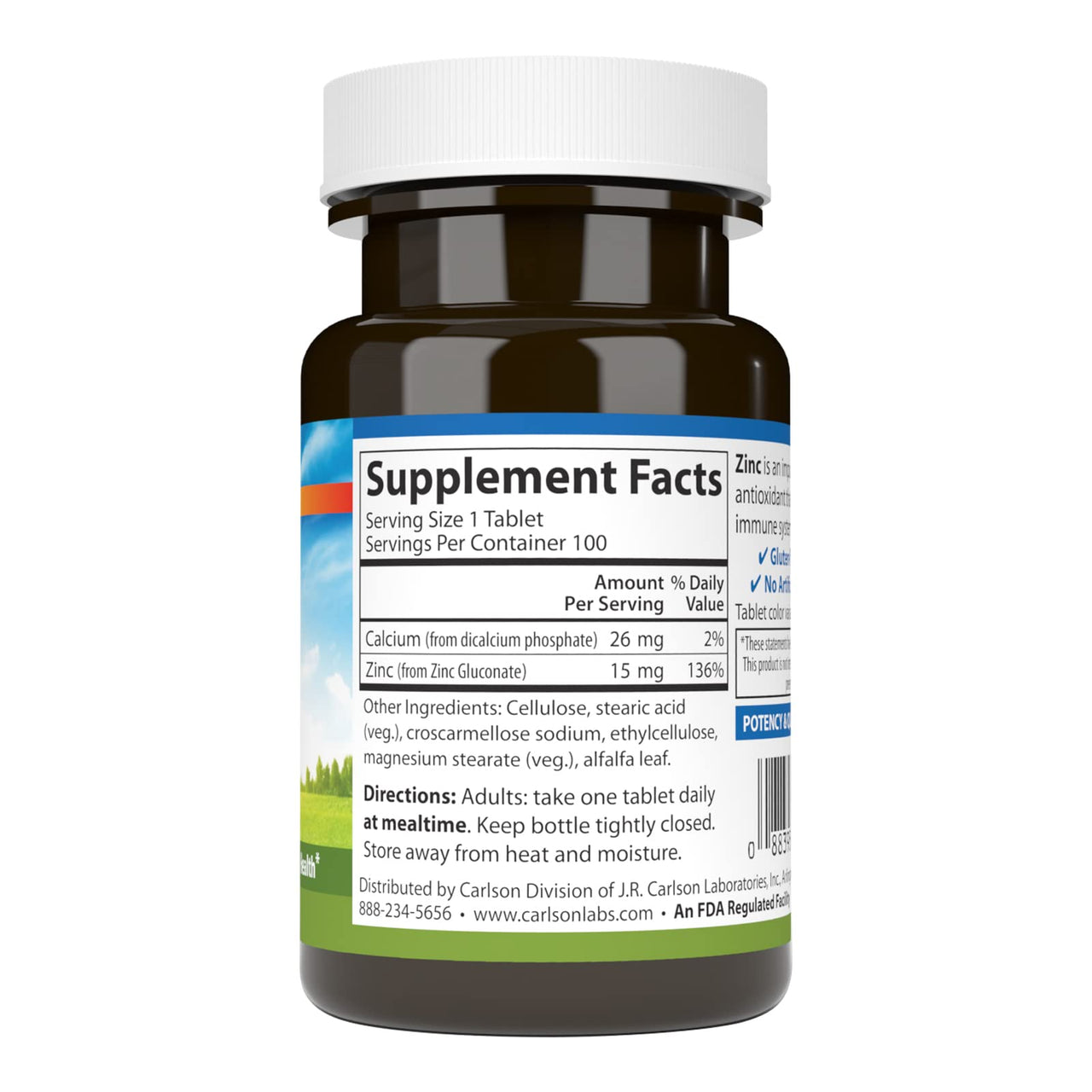 Carlson - Zinc, 15 mg, Zinc Supplement, Zinc Gluconate, Immune Support & Skin Health, Zinc Tablets, Antioxidant, Zinc Capsules, 100 Tablets