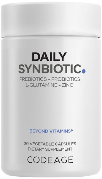 Codeage Daily Synbiotic Supplement - Prebiotics, Lactobacillus & Bifidobacterium Probiotics, L-Glutamine, Zinc L-Carnosine, DGL, Synbiotic Probiotic, BioPerine - Shelf-Stable - 30 Capsules