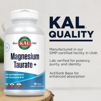 Thumbnail for KAL Magnesium Taurate 400mg Plus CoEnzyme Vitamin B6, Chelated Magnesium Supplement, Muscle Function, Gluten Free, Vegan, 90 Serv, 180 Tablets