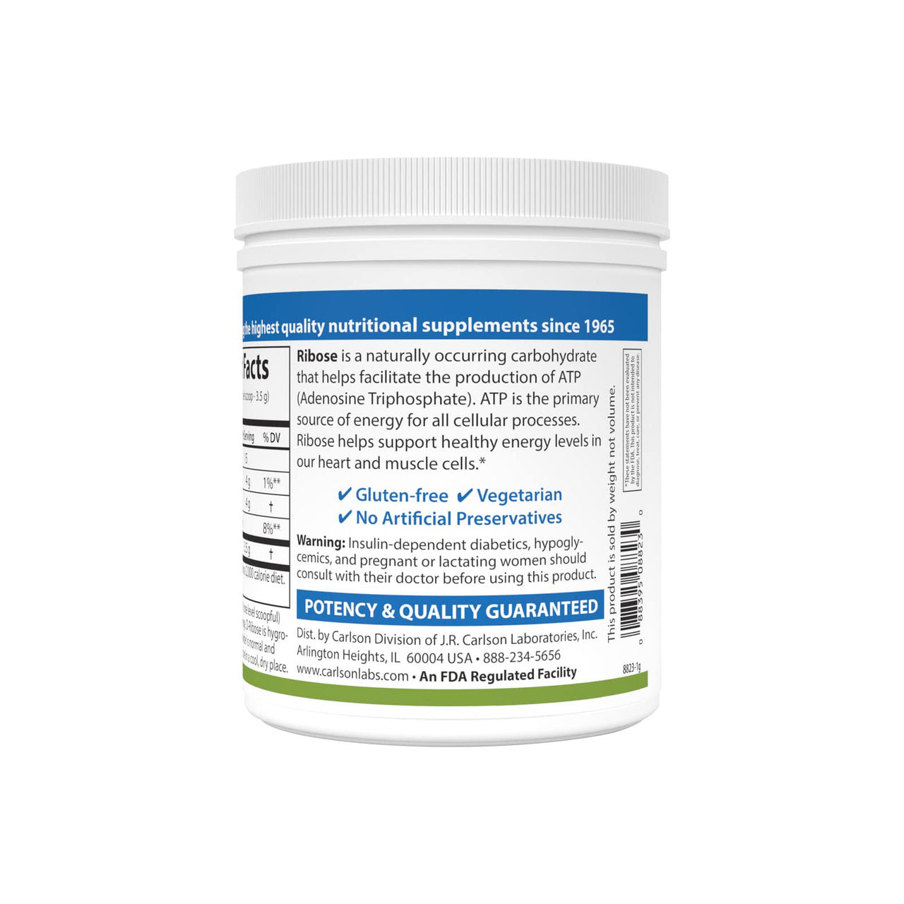 Carlson - Ribose, 100% Pure D-Ribose, Non-GMO, Energy Production, Muscle Recovery & Athletic Performance, 17.6 oz (500 g)