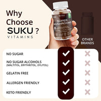 Thumbnail for SUKU Vitamins - Super Mushroom -Reishi Chaga, Turkey Tail & Lions Mane Blend Gummies for Immunity - Easy to Chew - Non GMO, Gluten Sugar Free - Espresso Decaffeinated Flavored Gummy Vitamins, 50 Count