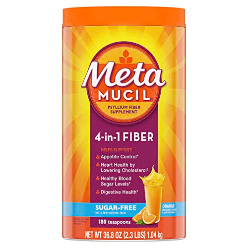 Metamucil 4-in-1 Psyllium Husk Fiber Supplement, Sugar-Free, 180 teaspoons, Orange Flavored, Daily Fiber Powder for Digestive Health, made with Plant-Based Psyllium Husk Fiber
