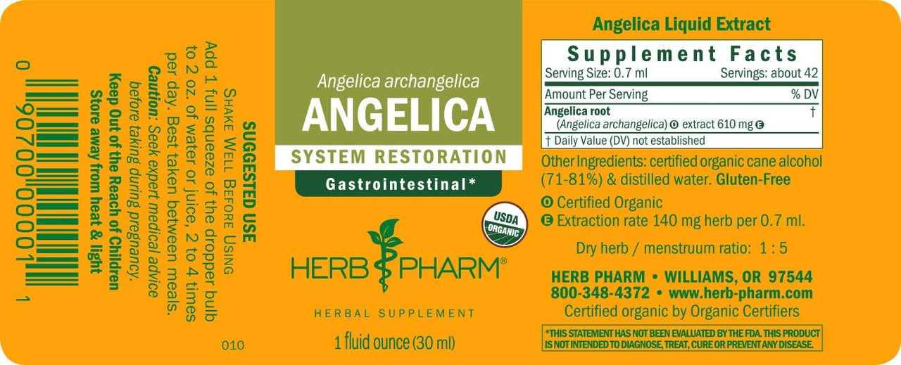 Herb Pharm Certified Organic Angelica Root Liquid Extract for Digestive Support, 1 Fl Oz