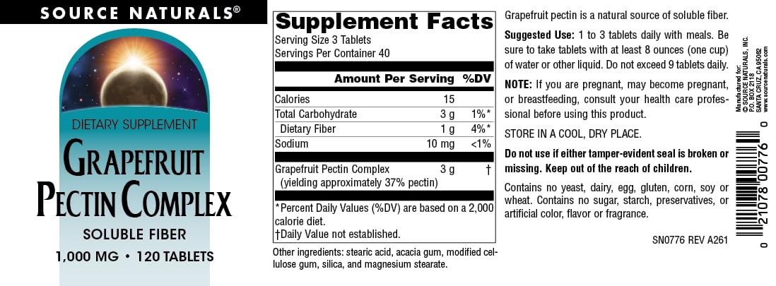 Source Naturals Grapefruit Pectin, Soluble Fiber - 1000 mg Dietary Supplement - 120 Tablets