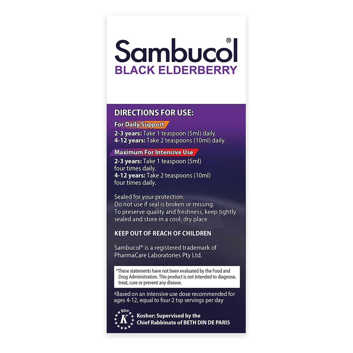 Sambucol Black Elderberry Syrup for Kids - Elderberry Liquid with Vitamin C for Kids No Artificial Flavors, High Antioxidants, Daily Wellness Support, Berry Flavored - 4 Fl Oz
