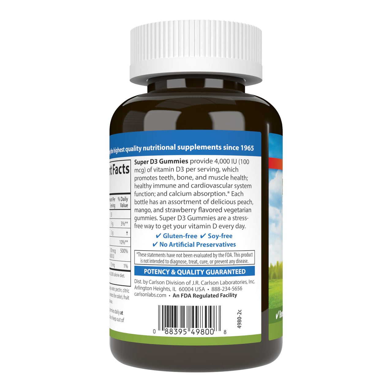Carlson - Super D3 Gummies 4,000 IU (100 mcg), Bone Health, Immune Support & Calcium Absorption, Natural Fruit Flavors, 120 Vegetarian Gummies