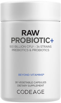 Thumbnail for Codeage Raw Probiotic+ Supplement - 34 Probiotic Strains, 100 Billion CFUs, Raw Whole Food Probiotics, Digestive Enzymes, Raw Fruits & Veggies Prebiotics - Wild Kefir Culture - Non-GMO - 30 Capsules