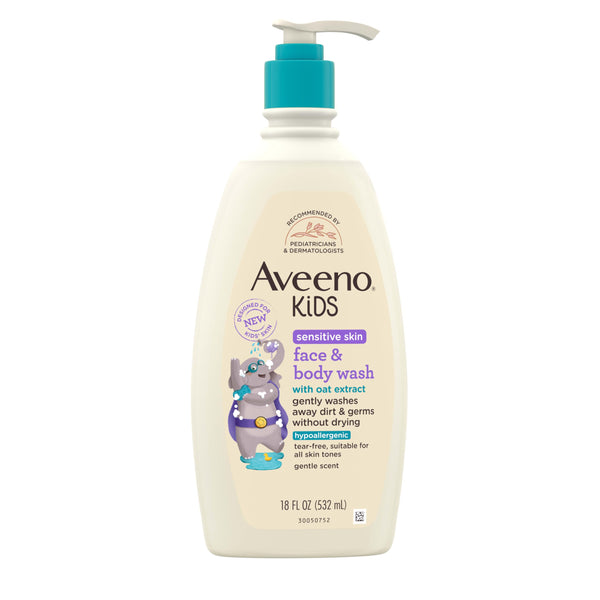 Aveeno Kids Face & Body Wash for Sensitive Skin, Oat Extract, Tear-Free, Non-Drying, Light Scent, Pump Dispenser, Hypoallergenic, Sulfate & Dye Free, 18 fl oz