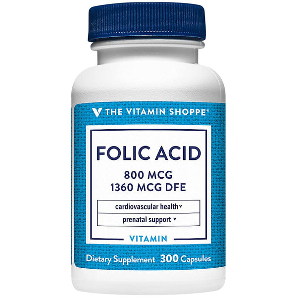 Image 1 of The Vitamin Shoppe Folic Acid 800MCG, Supports Prenatal Fetal (300 Capsules)