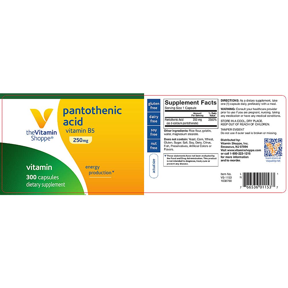Pantothenic Acid 250 MG Capsules by The Vitamin Shoppe