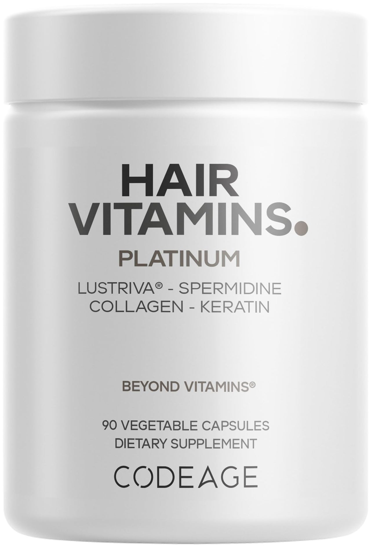 Codeage Hair Vitamins Platinum - Lustriva Hair Growth Support, Spermidine, AstraGin, Biotin, Keratin, Collagen, Enzymes, Omega-3, Multivitamins, Probiotics – Healthy Hair Supplement - 90 Capsules