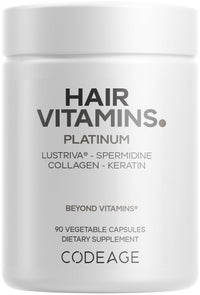Thumbnail for Codeage Hair Vitamins Platinum - Lustriva Hair Growth Support, Spermidine, AstraGin, Biotin, Keratin, Collagen, Enzymes, Omega-3, Multivitamins, Probiotics – Healthy Hair Supplement - 90 Capsules