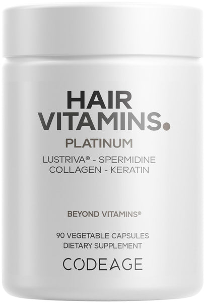 Codeage Hair Vitamins Platinum - Lustriva Hair Growth Support, Spermidine, AstraGin, Biotin, Keratin, Collagen, Enzymes, Omega-3, Multivitamins, Probiotics – Healthy Hair Supplement - 90 Capsules