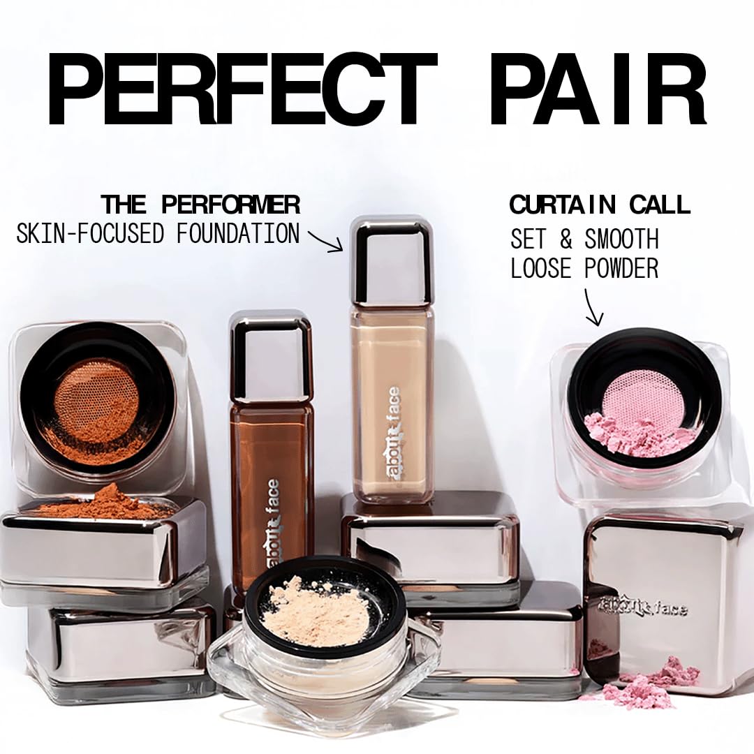 about-face Curtain Call Set & Smooth Loose Powder Finale – Lightweight, Oil-Absorbing Setting Powder with Rice Starch & Corn-Based Talc Alternative – Vegan, Cruelty-Free – 0.35oz (Pink Brightener)