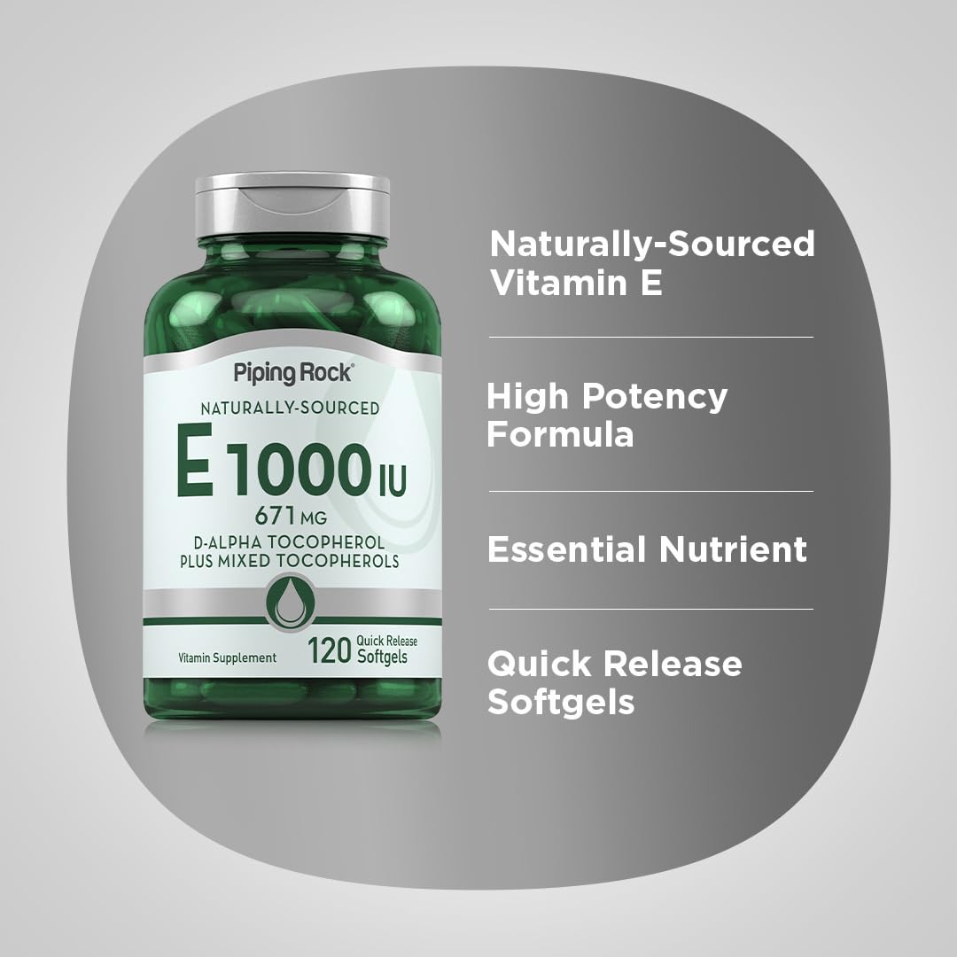 Piping Rock Vitamin E 1000 IU Softgels | 120 Count | with D-Alpha and Mixed Tocopherols | Supplement for Men and Women | Gluten Free, Non-GMO