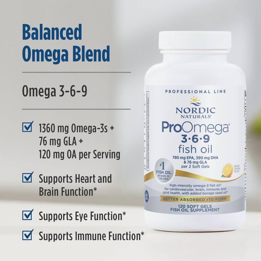 Nordic Naturals ProOmega 3-6-9, Lemon Flavor - 120 Soft Gels -1360 mg Omega-3 - EPA & DHA with Added GLA - Healthy Skin, Cognition, Positive Mood - Non-GMO - 60 Servings