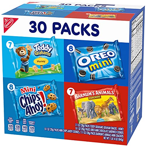 Nabisco Team Favorites Variety Pack, OREO Mini, CHIPS AHOY! Mini, Teddy Grahams Honey & Barnum's Animal Crackers, Christmas Stocking Stuffers, 30 Snack Packs (Pack of 4)