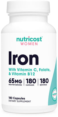 Thumbnail for Nutricost Iron for Women 65mg, 180 Capsules, with Vitamin C, Folate, & Vitamin B12 - Vegetarian Friendly, Non-GMO, Gluten Free