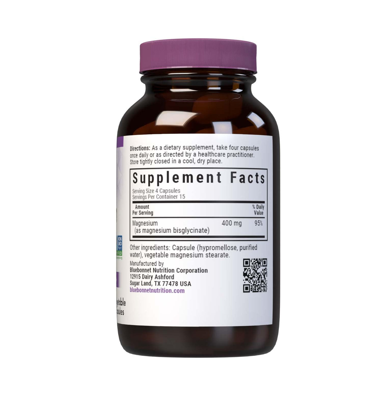 Bluebonnet Magnesium Glycinate, Energy Production*, Enzyme Function*, Non-GMO Certified by NSF, Vegan, Kosher Certified, Gluten-Free, Soy-Free, Dairy-Free, 60 Vegetable Capsules, 15 Servings