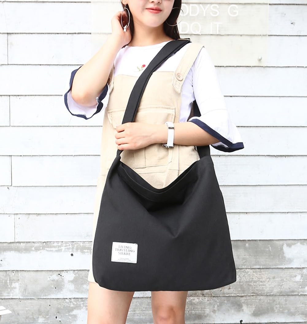 Covelin Women's Retro Large Size Canvas Shoulder Bag Hobo Crossbody Handbag Casual Tote Black