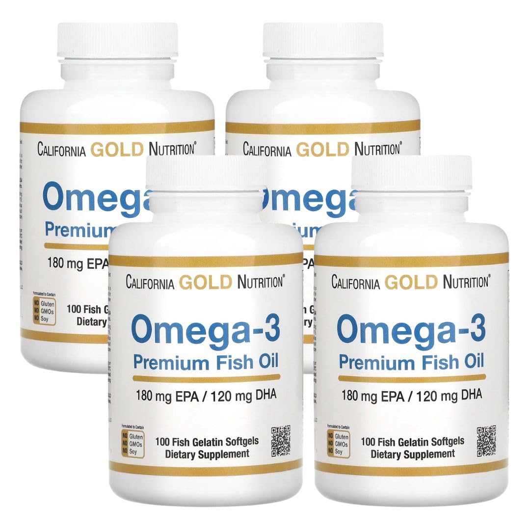 Omega-3 Premium Fish Oil by California Gold Nutrition, Concentrated Formula with EPA & DHA, Support for Optimal Lipid Profile & Immune System, Gluten Free, Non-GMO, 100 Fish Gelatin Softgels - 4 Pack