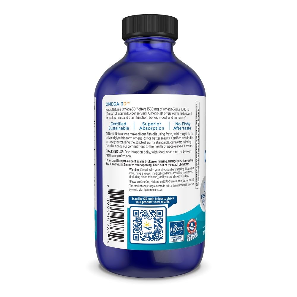 Nordic Naturals Omega-3D, Lemon Flavor - 8 oz - 1560 mg Omega-3 + 1000 IU Vitamin D3 - Fish Oil - EPA & DHA - Immune Support, Brain & Heart Health, Healthy Bones - Non-GMO - 48 Servings