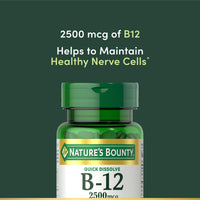 Thumbnail for Nature’s Bounty Vitamin B12 2500 mcg, Cellular Energy Support, for Energy Metabolism, Heart & Nervous System Health, 75 Quick Dissolve Tablets