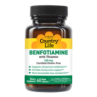 Thumbnail for Country Life Benfotiamine with Thiamin, Nerve Health Support, 150mg, 60 Vegetarian Capsules, Certified Gluten Free, Certified Vegan