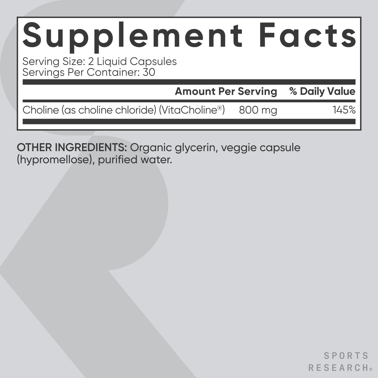 Sports Research ® Extra Strength Choline 800 mg - Essential Nutrient Featuring VitaCholine ® for Focus Support - Vegan Certified • Non-GMO • Gluten Free - 60 Liquid Capsules