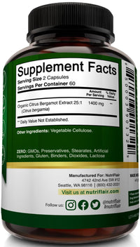 Thumbnail for NutriFlair Organic Citrus Bergamot 1400mg, 120 Capsules - 25:1 Bergamia - Essential Oil and Citrus Bioflavonoids - Natural Heart Health Supplements for Women and Men - Non-GMO Pills