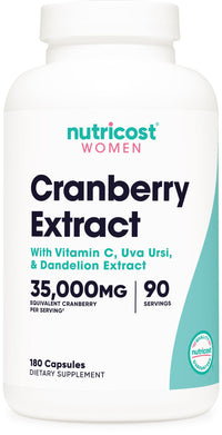 Thumbnail for Nutricost Cranberry Extract for Women 35,000mg Equivalent from 700mg of 50:1 Extract, 180 Capsules for 90 Servings – with Vitamin C, Uva Ursi & Dandelion Root, Vegan, GMO-Free & Gluten-Free