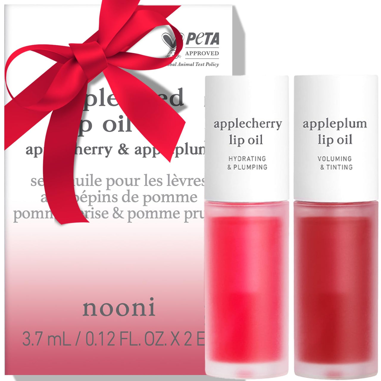 NOONI Vegan Appleseed Lip Oil Set - Applecherry & Appleplum | Long-Lasting, Moisturizing, Plumping, Revitalizing for Dry Lips, Waterproof, No Peel Off, Korean Tint, 0.12 FL Oz x 2ea