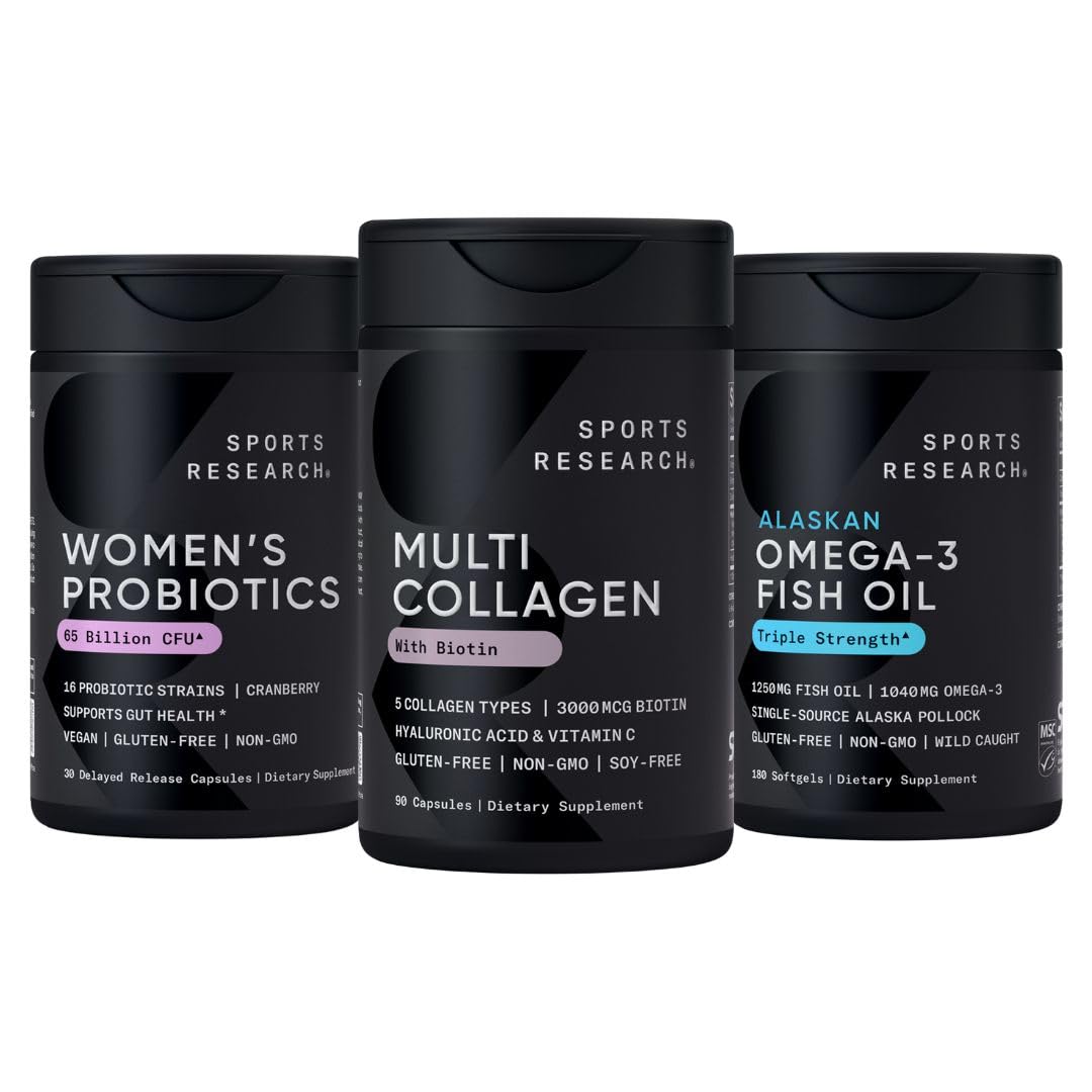 Sports Research® for Her Pack - Biotin-Infused Collagen Peptides Complex + Women's Probiotics with Prebiotics + Triple Strength Omega 3 Fish Oil