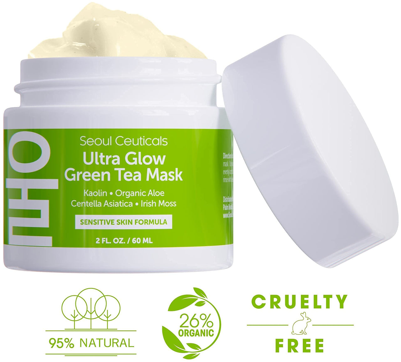 SeoulCeuticals Korean Skin Care Face Mask for Sensitive Skin - Korean Skincare Green Tea Wash Off Masks - K Beauty Face Masks - Aloe Vera Mask + Centella Asiatica Hydrating Facial Spa Mask 2oz