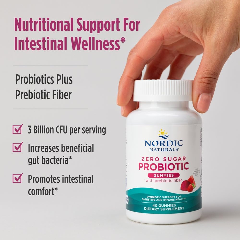 Nordic Naturals Zero Sugar Probiotic Gummies - Strawberry Watermelon Flavor - 40 Gummies - Supports Digestive Wellness & Immune Health - Non-GMO - Third Party Tested - Vegan - 20 Servings