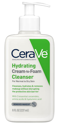 Thumbnail for CeraVe Hydrating Cream To Foam Cleanser, Makeup Remover Face Wash For Dry Skin, Foaming Facial Cleanser With Hyaluronic Acid, Normal To Dry Skin, Fragrance Free & Non Comedogenic, 8 Fluid Ounces