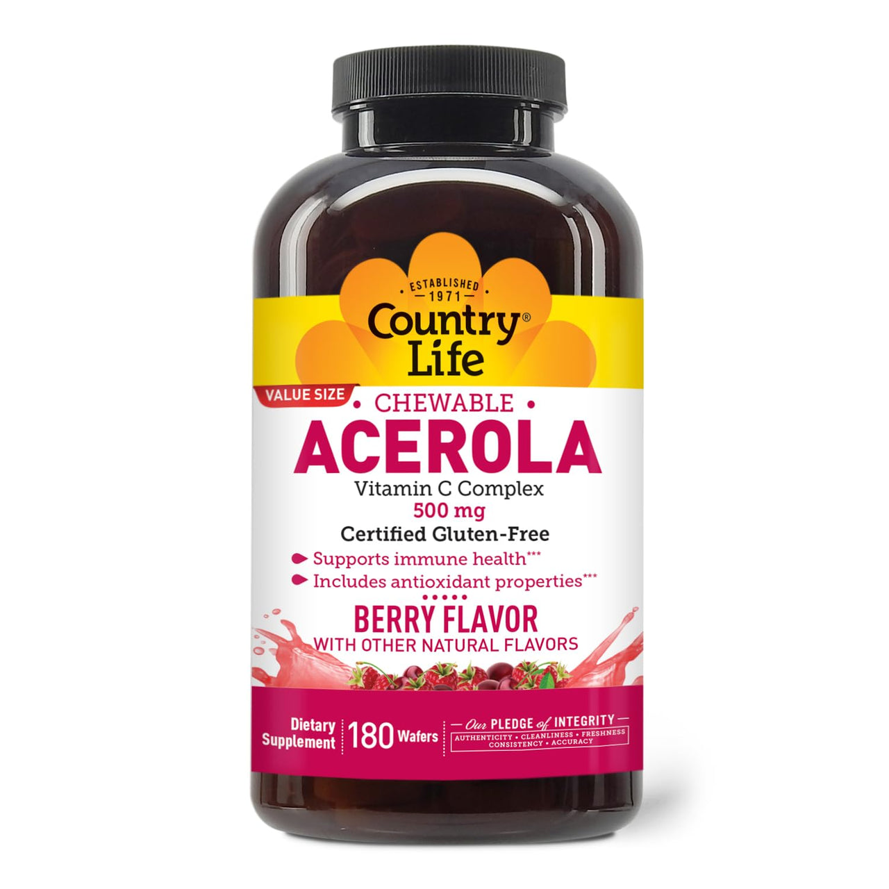 Country Life Acerola Vitamin C Complex, 500mg, Chewable Berry Flavored Wafers, Supports Immune Health, 180 Wafers, Certified Gluten Free by GFCO , Certified Vegan by AVA
