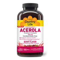 Thumbnail for Country Life Acerola Vitamin C Complex, 500mg, Chewable Berry Flavored Wafers, Supports Immune Health, 180 Wafers, Certified Gluten Free by GFCO , Certified Vegan by AVA