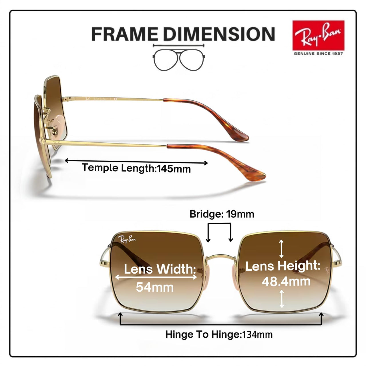 Ray-Ban RB1971 SQUARE 1971 CLASSIC Square Shaped Non-Polarized Sunglasses for Women – Includes Official RAYBAN Eyewear Kit – Ideal Formal & Casual Wear Sunglasses – Light Brown Gradient Lens