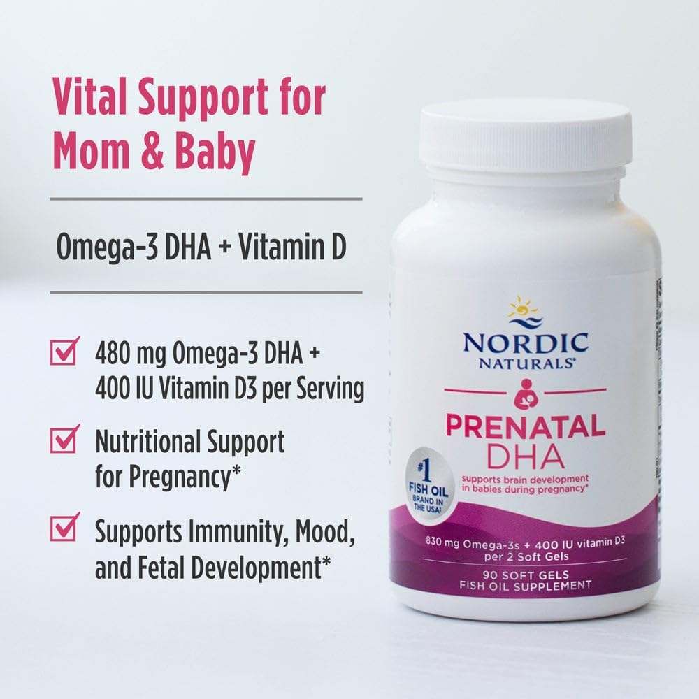 Nordic Naturals Prenatal DHA, Unflavored - 180 Soft Gels - 830 mg Omega-3 + 400 IU Vitamin D3 - Supports Brain Development in Babies During Pregnancy & Lactation - Non-GMO - 90 Servings