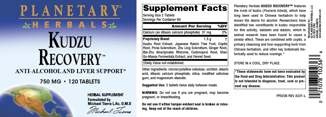 Planetary Herbals Kudzu Recovery 750 mg Anti-Alcohol and Liver Support - 120 Tablet