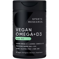 Thumbnail for Sports Research Vegan Omega-3 with Vitamin D3 Softgels - 1020mg Omega-3 & 5000iu D3 Supplement - Fish Oil Alternative with Vitamin D Plant-Based Support from Algae Oil - 60 Veggie Softgels for Adults