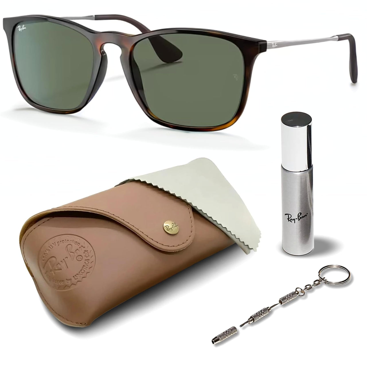 Ray-Ban RB4187 CHRIS Square Shaped Non-Polarized Sunglasses for Men – Includes Official RAYBAN Eyewear Kit – Ideal Formal & Casual Wear Sunglasses – Dark Green Lens