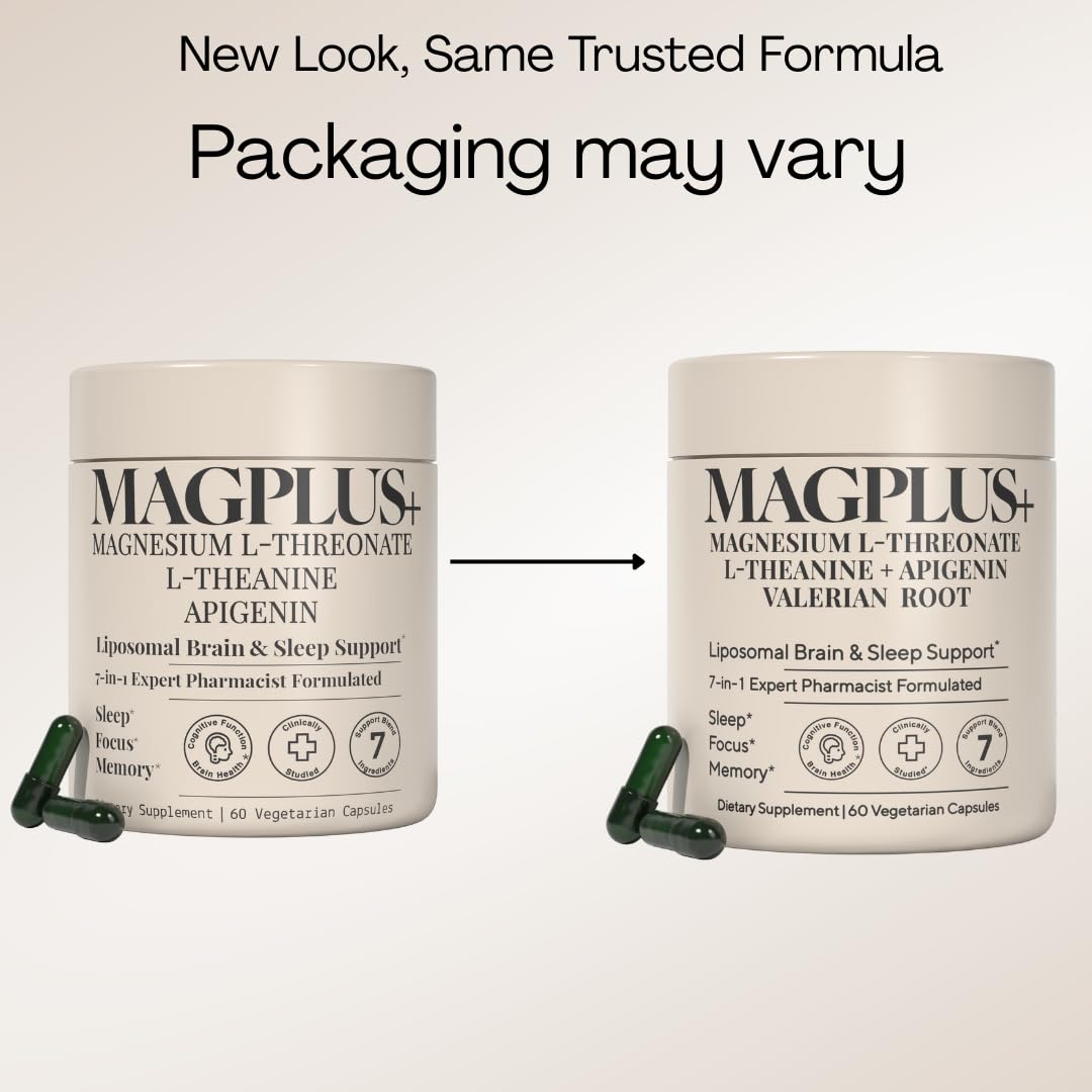 MAGPLUS+ Magnesium L-Threonate w Apigenin & L Theanine | 7-Ingredient Sleep Blend | Brain, Memory, & Sleep Support | Liposomal Magnesium Threonate Supplement (60 Capsules)