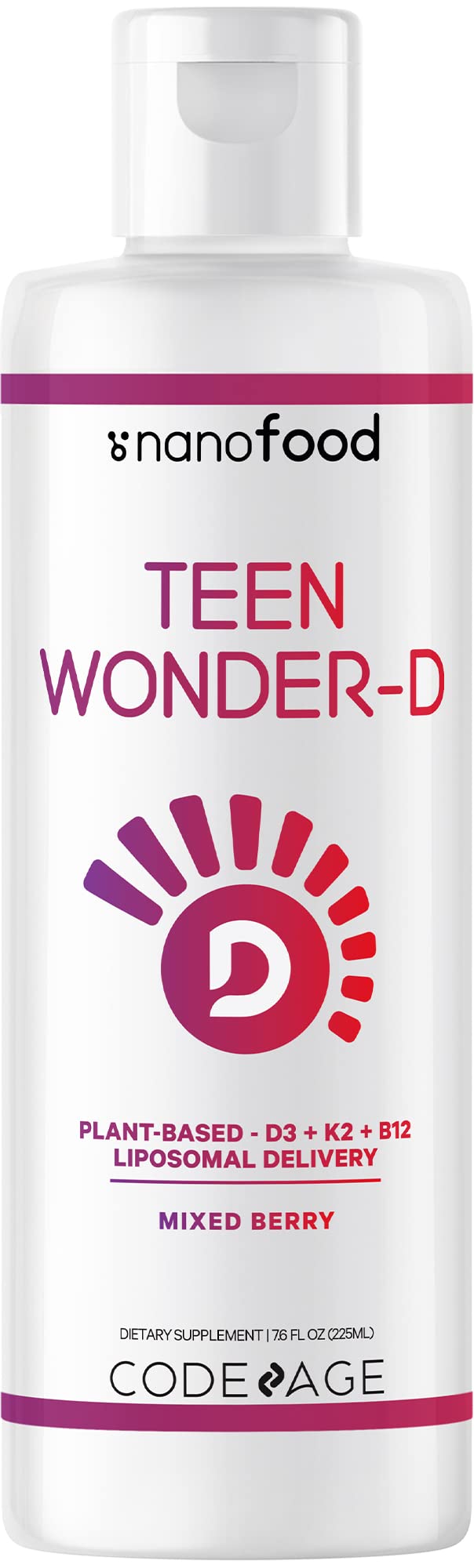 Codeage Liposomal Teen Wonder-D, Vegan Vitamin D3 Cholecalciferol + K2 Liquid Supplement for Teenagers, Plant-Based Vitamin B12, Non-GMO Sunflower Oil, Mixed Berry Flavor, 3-Month Supply, 7.6 fl oz