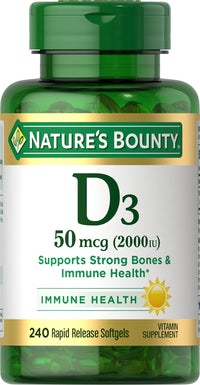 Thumbnail for Nature's Bounty Vitamin D3 2000 IU, Immune and Bone Support, Vitamin Supplement, 1 Per day, 240 Rapid Release Softgels