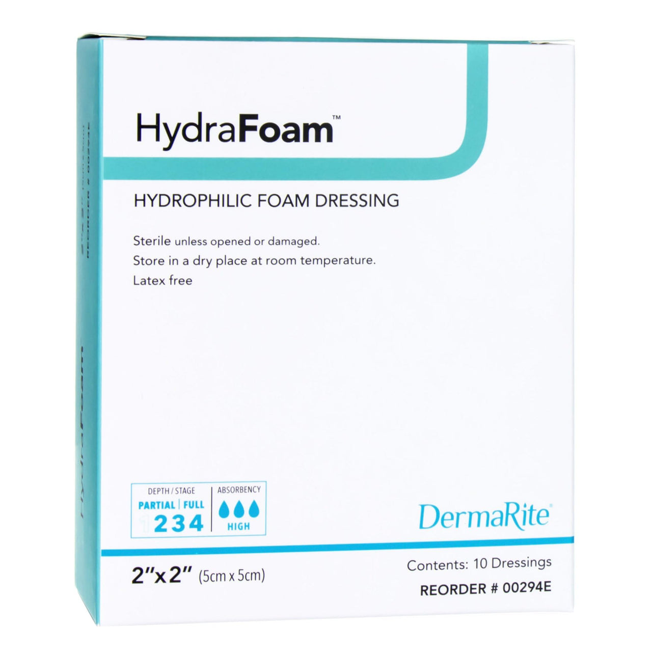 DermaRite's HydraFoam Hydrophilic Foam Dressing - Highly Absorbent Wound Care, Waterproof Backing, Sterile - Square, 2 in. x 2 in., 10 Count, 1 Pack