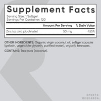 Thumbnail for Sports Research High Potency Zinc Picolinate 50mg with Organic Coconut Oil | Highly Absorbable Zinc Supplement for Healthy Immune & Enzyme Function - Non-GMO Tested & Gluten-Free (120 Liquid Softgels)
